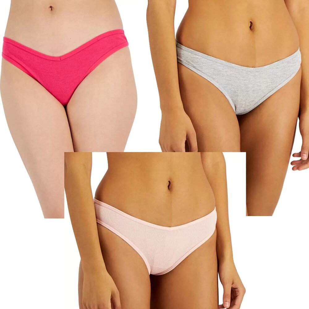 Jenni Women's 3-Pack Ribbed Knit Thong Panty Underwear, Pink Gray Peach Variety